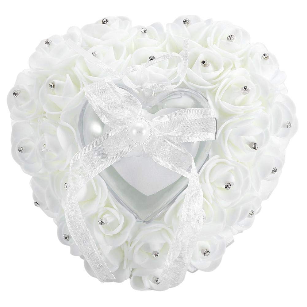 Atyhao Cushion, Romantic Heart-shaped Wedding Box Rose Rhinestone Decor Cushion Bearer Pillows(white)