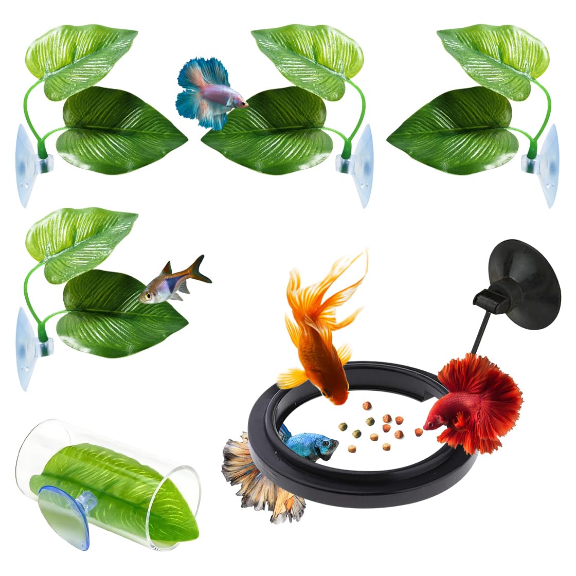 HyzaPhix 6PCS Aquarium Decoration, Betta Fish Tank Accessories Betta Fish Leaf Pad Fish Feeding Ring Betta Fish Acrylic Tube Tunnel Hideout Ornament for Fish Tank (6pcs)