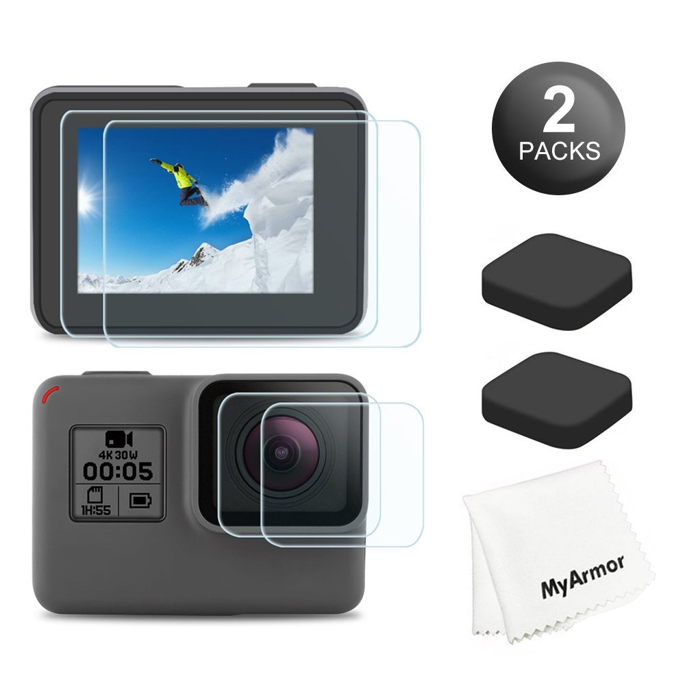MyArmor 2x LCD & Lens Tempered Glass Screen Protector Skin Film + 2x Lens Silicone Protective Cap Cover with Cleaning Kits for Gopro Hero 5 (Not Suitable for Other Gopro Medels)
