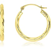 14K Yellow Gold 2x19mm Polished Textured Designed Round Lightweight Hoop Earrings
