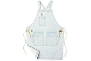 Jeanerlor - Denim Work Apron for Hairstylist with Pockets for Men Hairstylis Cobbler Cross-Back Straps | Adjustable Tool Apron Up To XXL (Light Blue)