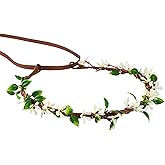 KorViSHOW Handmade White Flower Crown Fairy Wreath Women Girls Flower Headband for Bridal Weeding Headdress Fairy Green Leaf Headpiece Cosplay Photo Prop