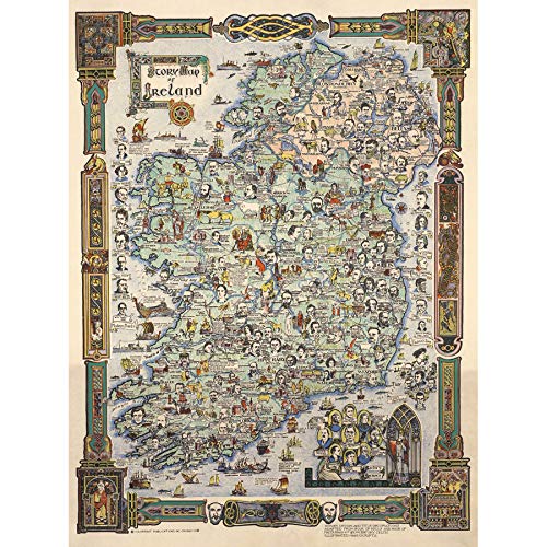 Artery8 Map Colortext 1936 Story Ireland Historic Pictorial Art Print Canvas Premium Wall Decor Poster Mural