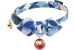 PetSoKoo Diamond Shaped Bowtie Cat Collar with Bell.Japan Lucky Daruma Charm and Cloisonne Print Crepe Fabric.Safety Breakaway.Soft,Lightweight,(Medium,Blue)