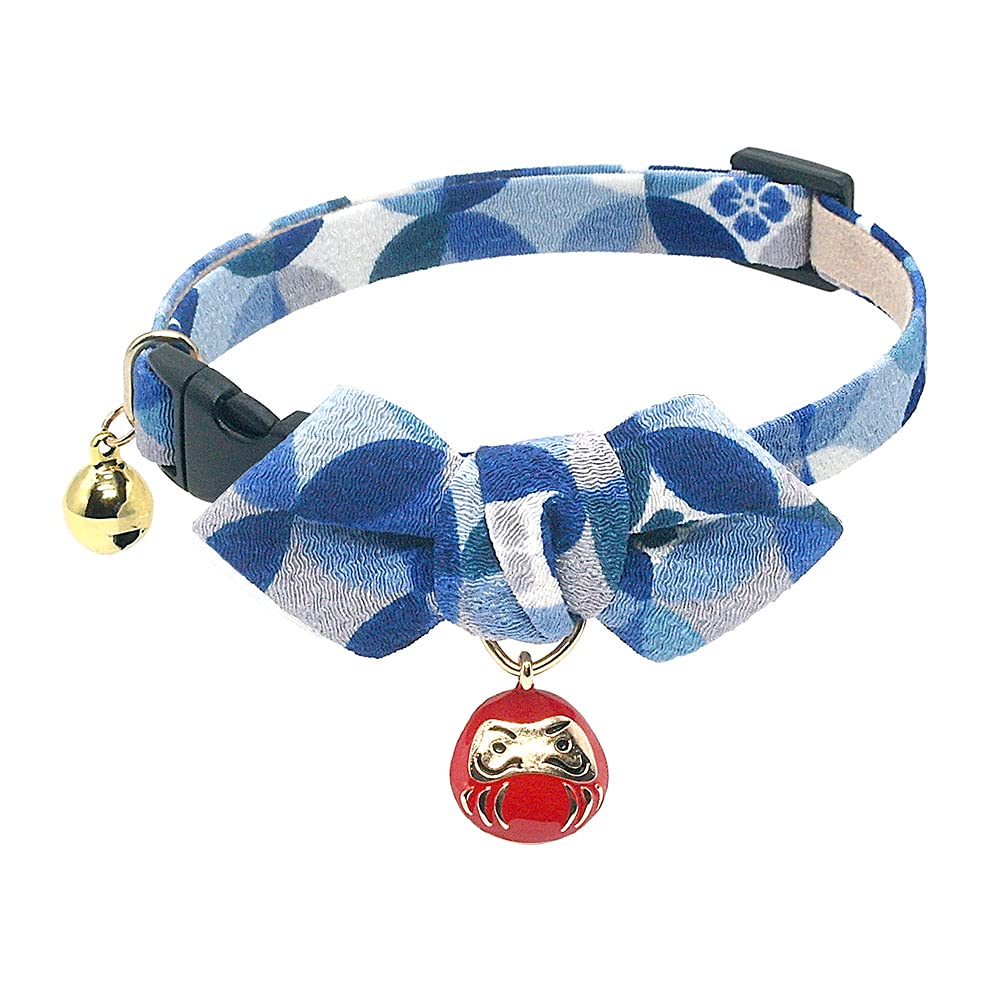 PetSoKoo Diamond Shaped Bowtie Cat Collar With Bell.Japan Lucky Daruma Charm and Cloisonne Print Crepe Fabric.Safety Breakaway.Soft,Lightweight,(Small,Blue)