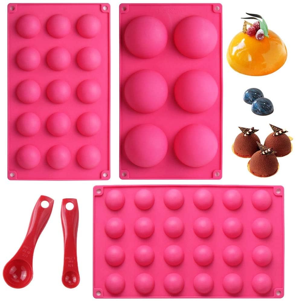 Webake 3 Pack Silicone Semi Sphere Mould with 2 Pcs Measuring Spoon for Cake Decoration Jelly Pudding Candy Chocolate 6 Holes Semicircle 15 Holes Semicircle 24 Holes Semicircle Ø 7cm Ø 3.8cm Ø 3cm