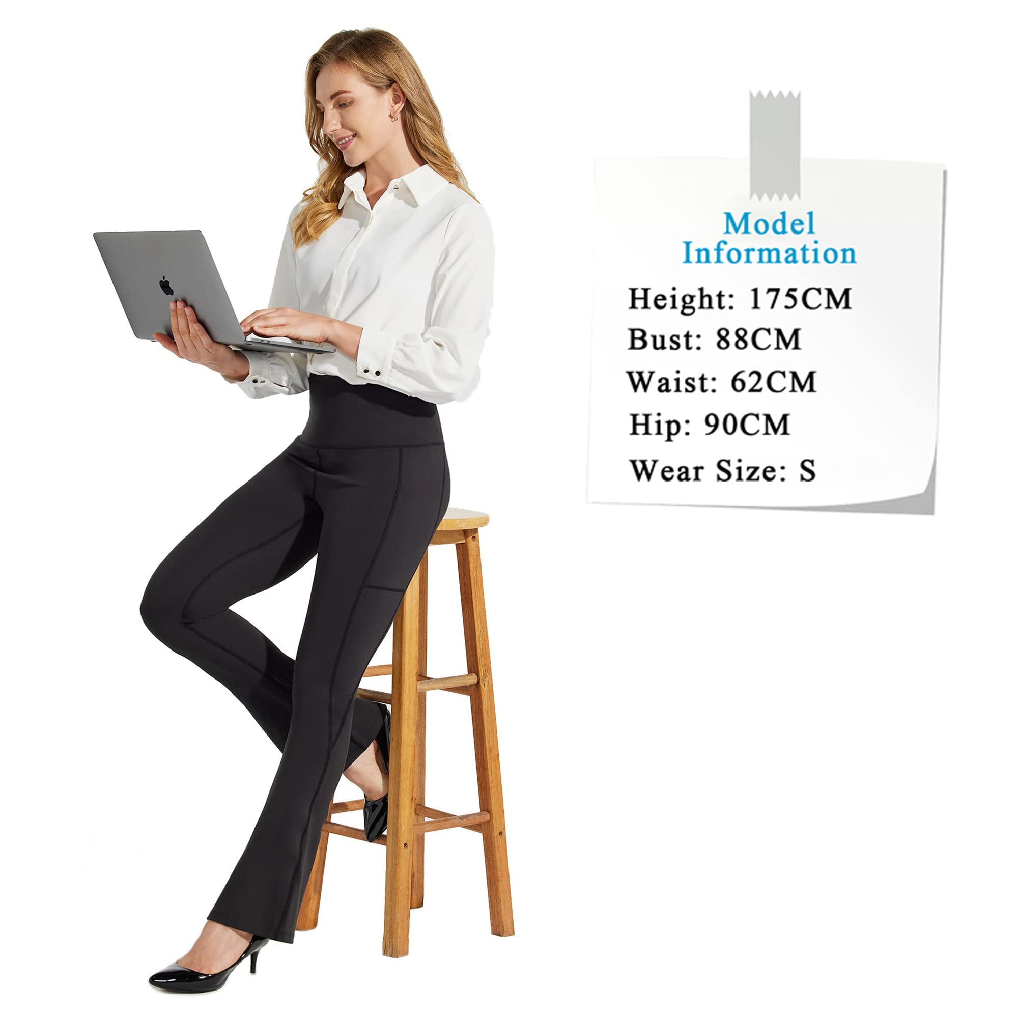 BAYGE Damen Bootcut Yogahose Hohe Taille Wasserdicht Blickdicht Bauchkontrolle Slim Fit Leggings Sporthose Schlaghose Sweathose Fitnesshose mit Taschen, Schwarz, M 5