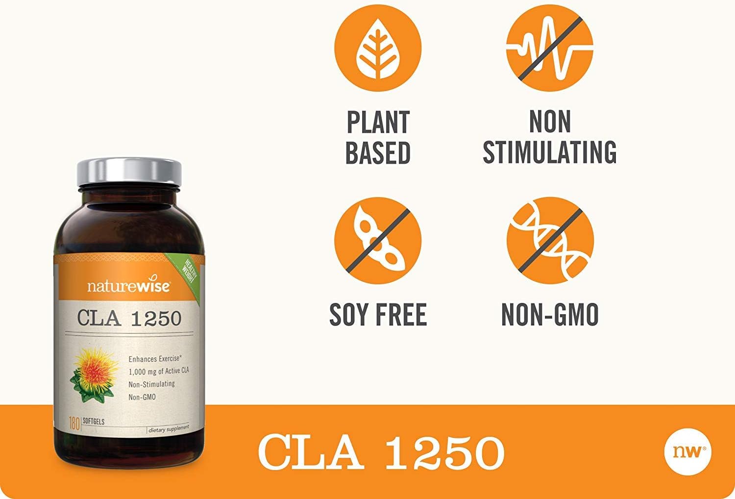 NatureWise CLA 1250 Natural Weight Loss Exercise Enhancement (2 Month Supply), Increase Lean Muscle Mass, Non-Stimulating, Non-GMO, Gluten-Free, & 100% Safflower Oil (Packaging May Vary) [180 Count]: Health & Personal Care