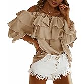 Byinns Women's Off Shoulder Ruffle Trendy Summer Fashion Long Sleeve Blouse Sexy Dressy Casual Outfits Layered Tops