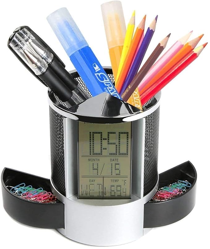 EMORSKY Multifuction Desk Clock Pen Holder Stand With Mesh Pencil