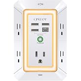 Wall Charger, Surge Protector, QINLIANF 5 Outlet Extender with 4 USB Ports | 1680 Joules, 3-Sided Power Strip with Night Light, Multi Plug Wall Outlet Adapter Spaced for Home Travel Office, White