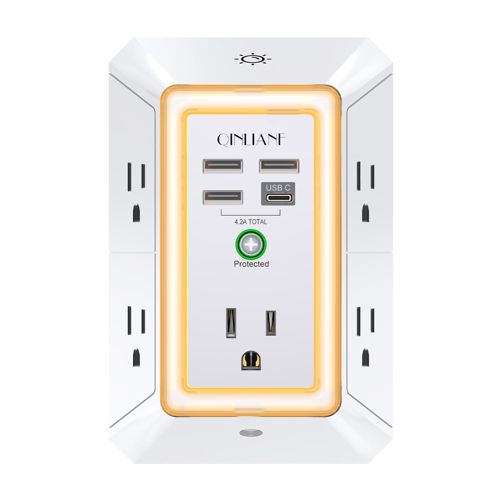 Photo 1 of 3-Sided Outlet Extender with Night Light - QINLIANF Multi Plug Outlet with 5 Outlets and 4 USB Ports(1 USB-C), USB Wall Charger for Home, Office, Travel, ETL Listed, White