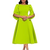 SOMTHRON Women's Elegant 3/4 Petal Sleeve Long Maxi Dress Crewneck A-Line Pleated Swing Formal Cocktail Party Dress