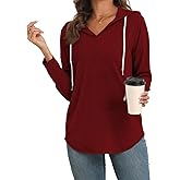 Poetsky Hoodies for Women V Neck Long Sleeve Lightweight Sweatshirts Drawstring Pullover Tops