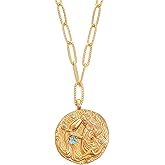 AUROZIA 12 Constellation Necklace Lucky Zodiac Personalized Necklace 18K Heavy Gold Plated Paperclip Chain Necklace with Crystals and Gemstones Double Sided Coin Necklace Birthday Day Gifts for Women Girls