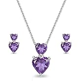 Sterling Silver Genuine, Created or Simulated Gemstone Double Heart Friendship Necklace & Stud Earrings Set