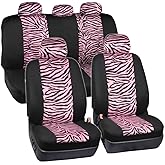 carXS Zebra Print Car Seat Covers Full Set, Includes Matching Seat Belt Pads and Steering Wheel Cover, Two-Tone Animal Print Hot Pink Seat Covers for Cars for Women, Car Seat Protector Interior Covers