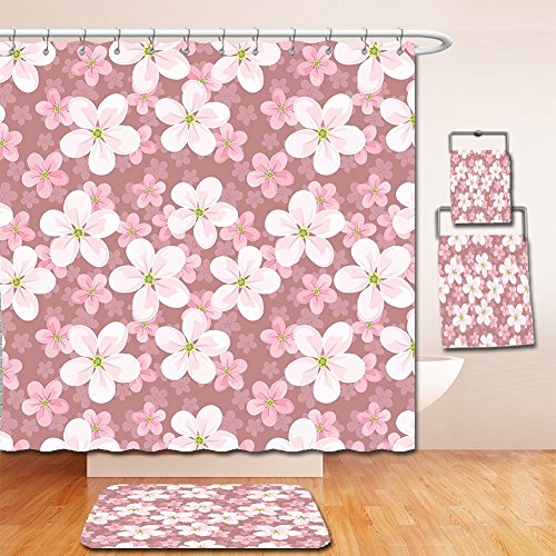 Nalahome Bath Suit: Showercurtain Bathrug Bathtowel Handtowel House Decor Cherry Blossoms Petal Plant Lovely Cartoon Children Sakura Floret Season Art