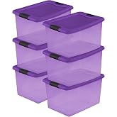 Sterilite Latching Storage Box, Stackable Bin, 64 Quart, 6-Pack | Plastic Container with Latch Lid to Organize Halloween Decor, Purple Tint with Purple Lid