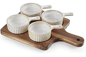 Getstar Creme Brulee Ramekins, 4 oz Small Ceramic Baking Dish Set of 4 with Acacia Wood Board