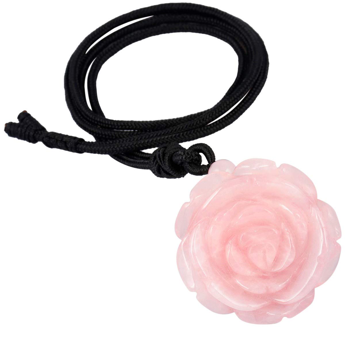 KYEYGWO Handmade Engraved Rose Flower Crystal Stone Necklace for Women, Rose Quartz Energy Gemstone Pendant with Adjustable Cord 27"