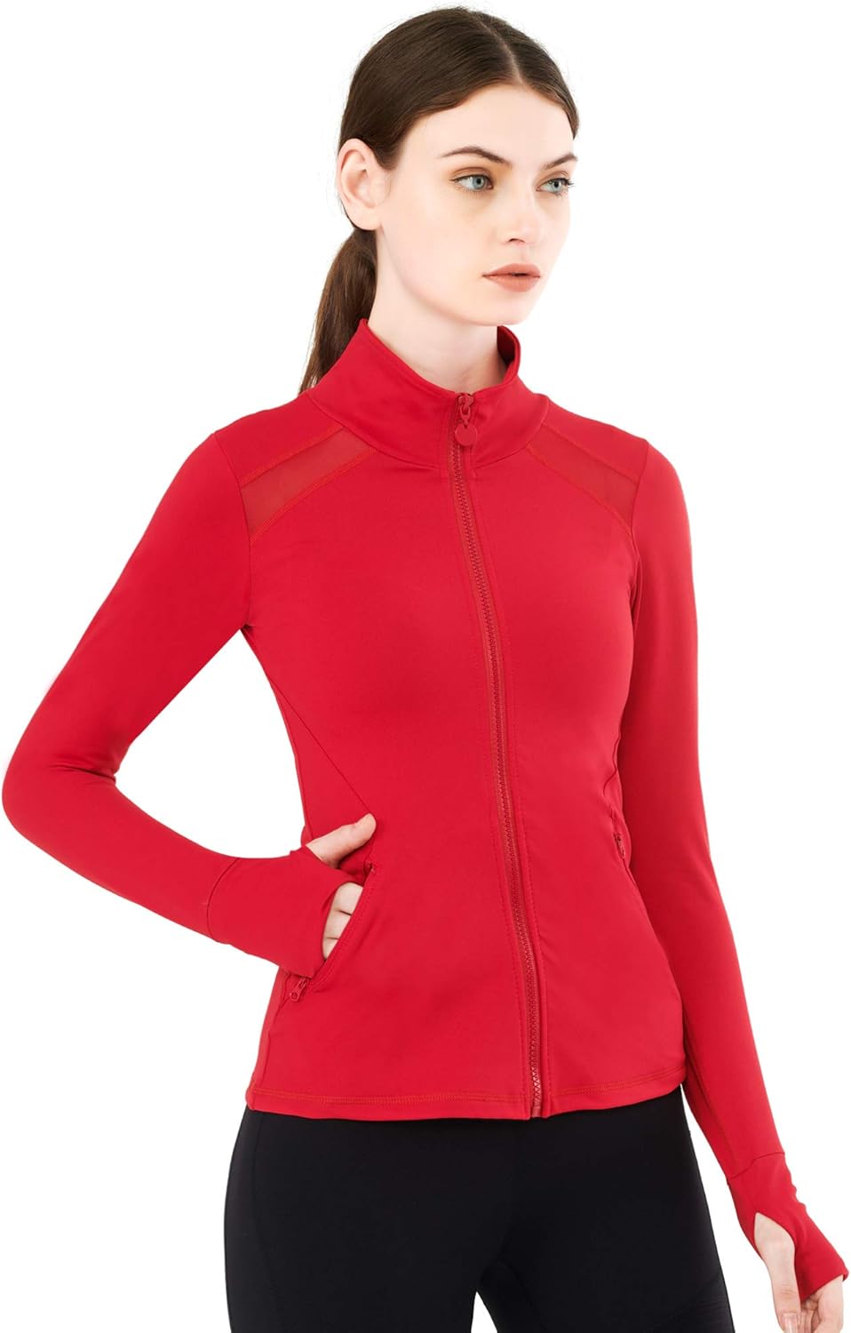 Zeronic Women's Collar Pockets Casual Zip Jacket with Thumb Holes at  Women’s Clothing store