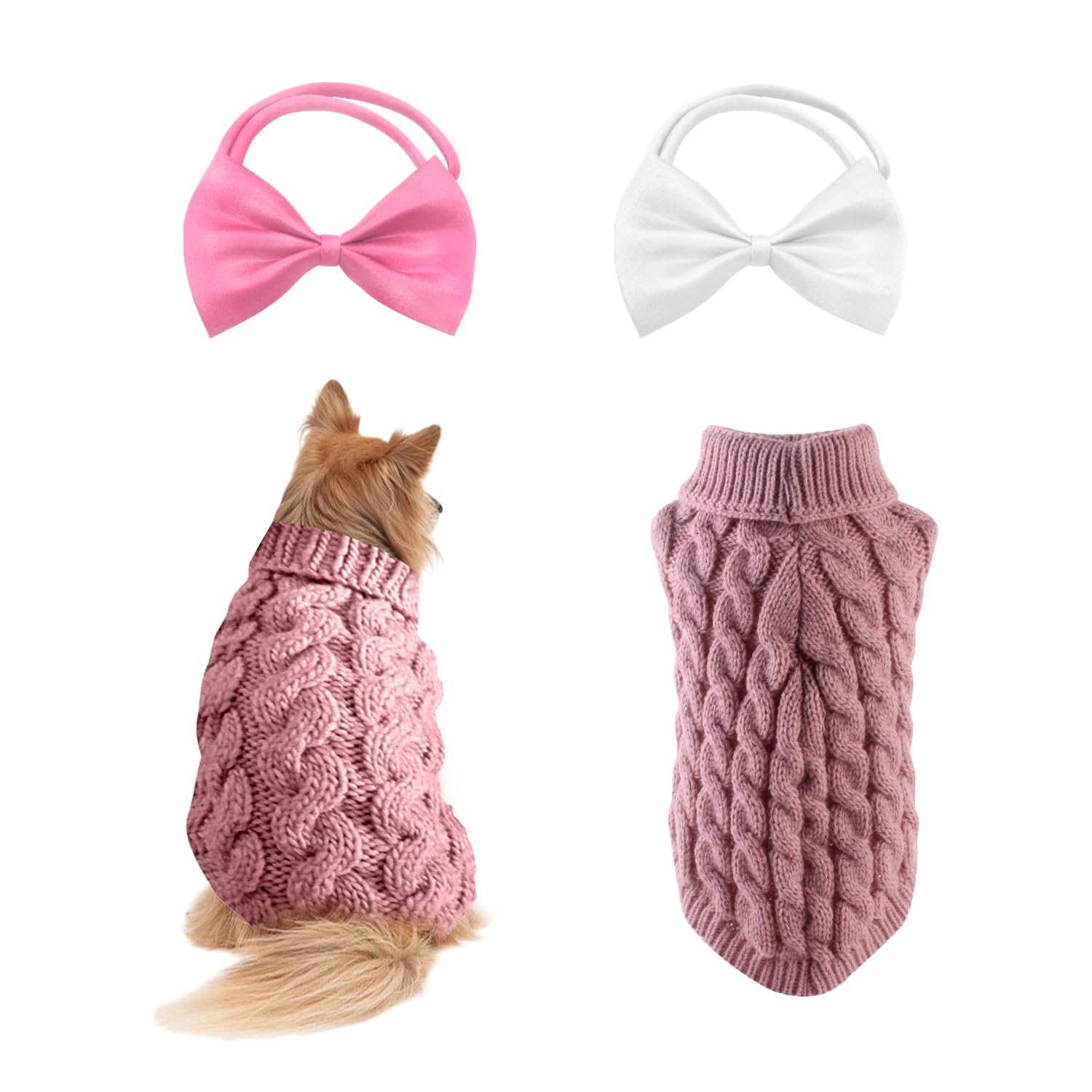 Pet Winter Warm Coat, Turtleneck Sweater, and 2 Bow Ties - Suitable for Cats and Dogs (S, Pink)