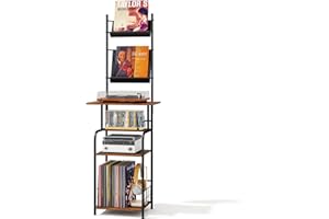 Homsorout Record Player Stand with Vinyl Storage - 6-Tier Turntable Table with Adjustable Feet, Metal & Wood Cabinet - Console Organizer Display Shelf for Living Room, Apartment