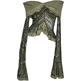 GORGLITTER Women's Lace Bell Sleeve Tops Off The Shoulder Paisley Crop Gothic Country Concert Top