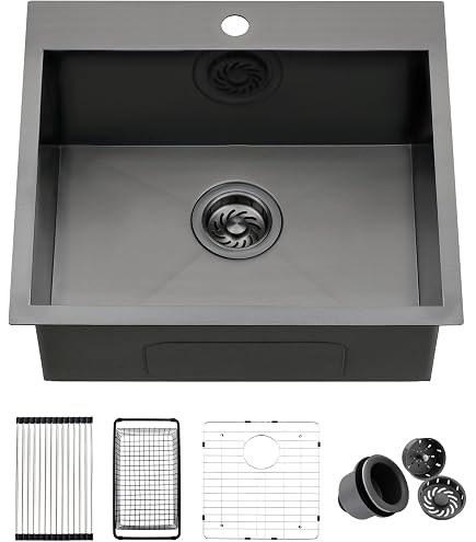 Black Kitchen Sink Drop-in 22 X 18 Inch, SINKVINE PVD Nano Stainless