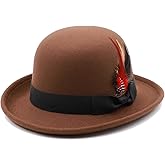 MivBuks Bowler Derby Hat for Men Dress Hats for Women Short Brim Fedora Hat with Feather