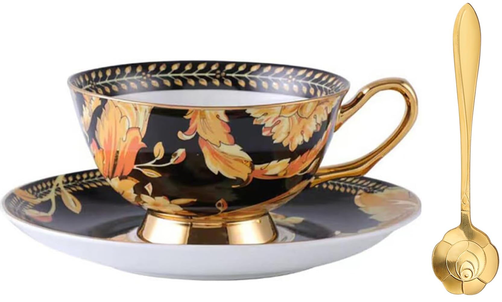 YBK Tech Cup& Saucer Set Bone China Tea Coffee Cup for Breakfast Afternoon Tea- Phoenix Feather (Black)