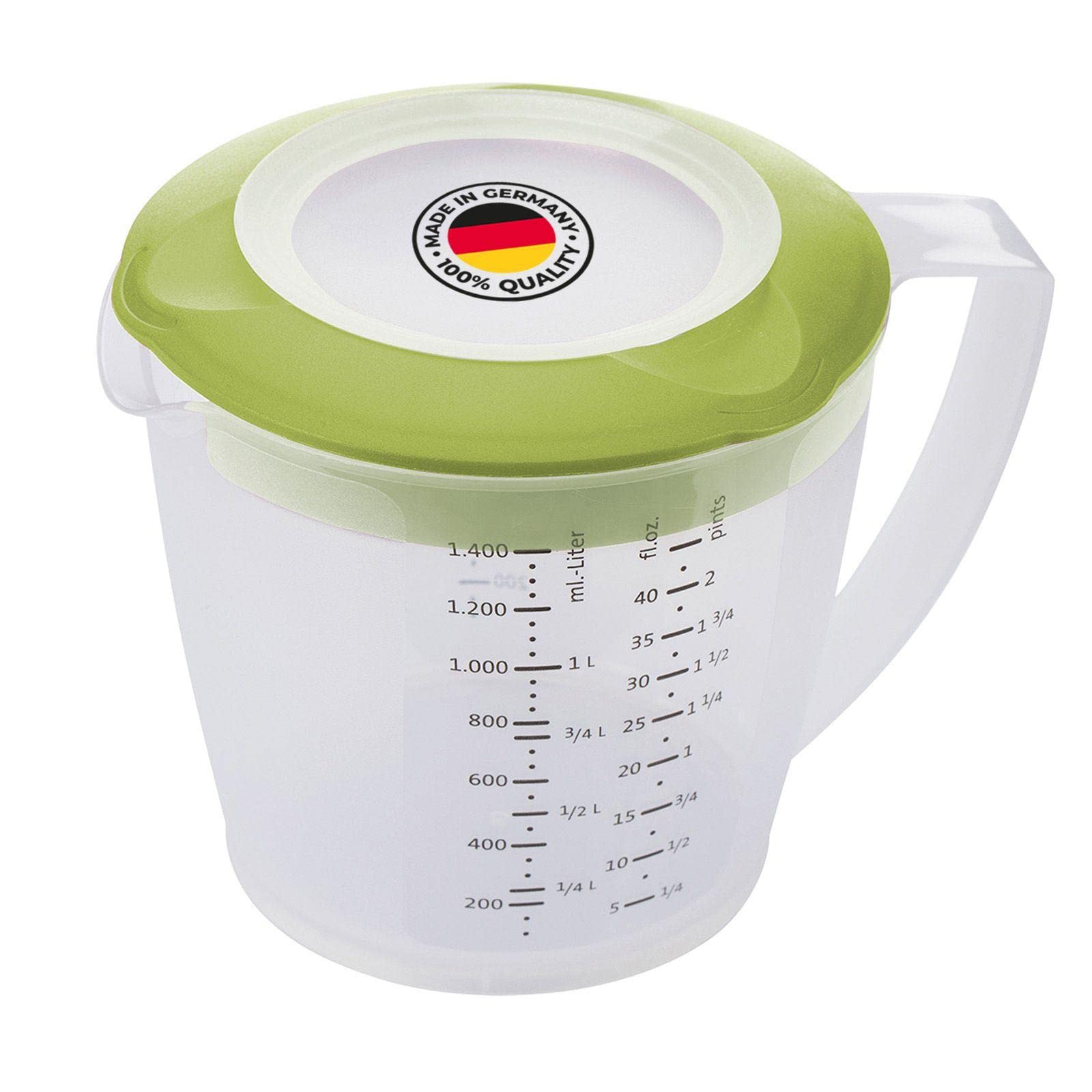 Westmark Mixing Cup/Measuring Jug with Splash Guard, Lid and Spout, Plastic, Volume: 1.4 Litres, Helena, Transparent/Green, 3105227A