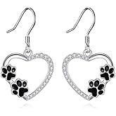 925 Sterling Silver Pet Paw Earrings Dog Cat Paw Print Dangle Earrings Heart Earrings Black Paw Jewelry Birthday Gifts for Women Pet Lovers