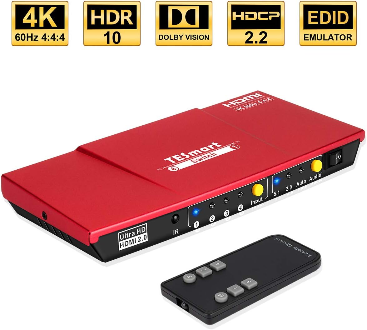 TESmart Ultra HD 4x1 HDMI 4K@60Hz 4:4:4 The Fast Switch 4Kx2K 4 Port HDMI Switch Box Selector 4x1 with S/PDIF and L/R Audio Output, IR Wireless Remote Control, HDMI Switch 4 in 1 Out (Red): Electronics