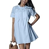 Shiyifa Womens Babydoll Lace Patchwork Dresses Summer Short Sleeve Ruffle Sundress Loose Crew Neck A-Line Dresses