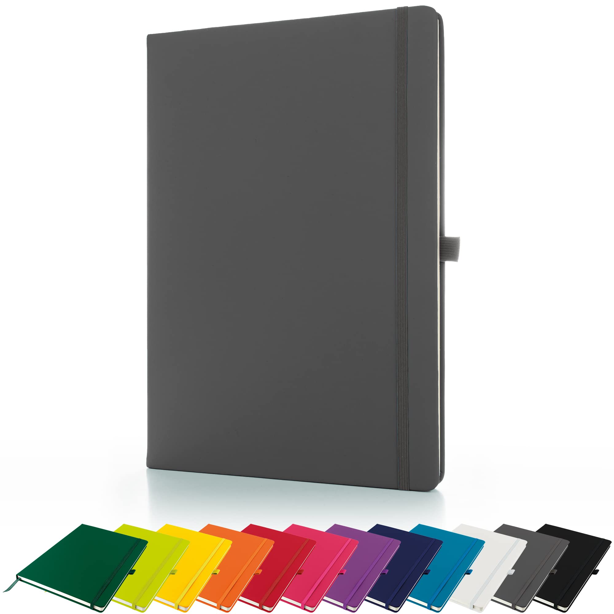 Savvy Bee Premium A4 Notebook New Lined Hardback Journal with Pen Loop,196 Page, Elastic Closure and Ribbon Marker Notepad Note Book Notes Pad (Grey)