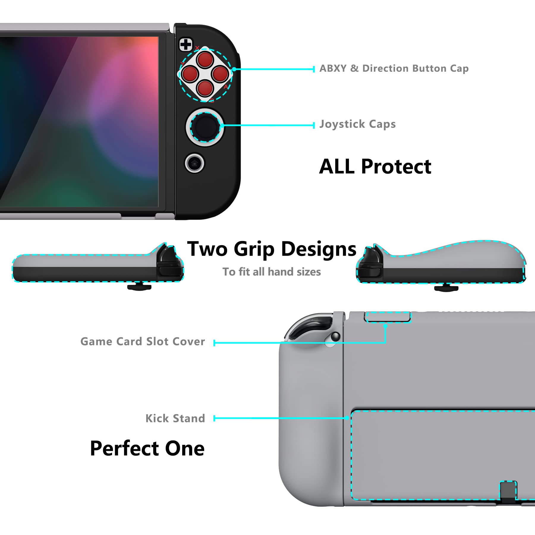 AlterGrips Protective Slim Case for Nintendo Switch OLED, Ergonomic Grip Cover for Joycon, Dockable Hard Shell for Switch OLED w/Thumb Grip Caps & Button Caps