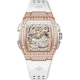 OUPINKE Automatic Womens Watches Luxury Diamonds Hollow Skeleton Square Ladies Watches Soft Silicone Strap Fashion Dress Rose Gold Female Watch Waterproof