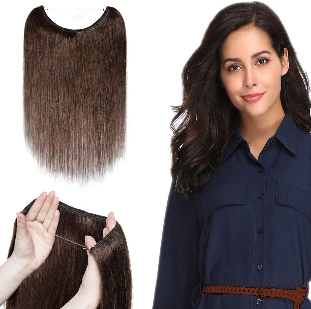 Hairro Miracle Wire Extensions Human Hair 16 Inch Hidden Crown Extensions for Women #4 Medium Brown 60g Invisible Secret Fish Line Hairpieces With Rubber Band Long Straight No Clips No Glue