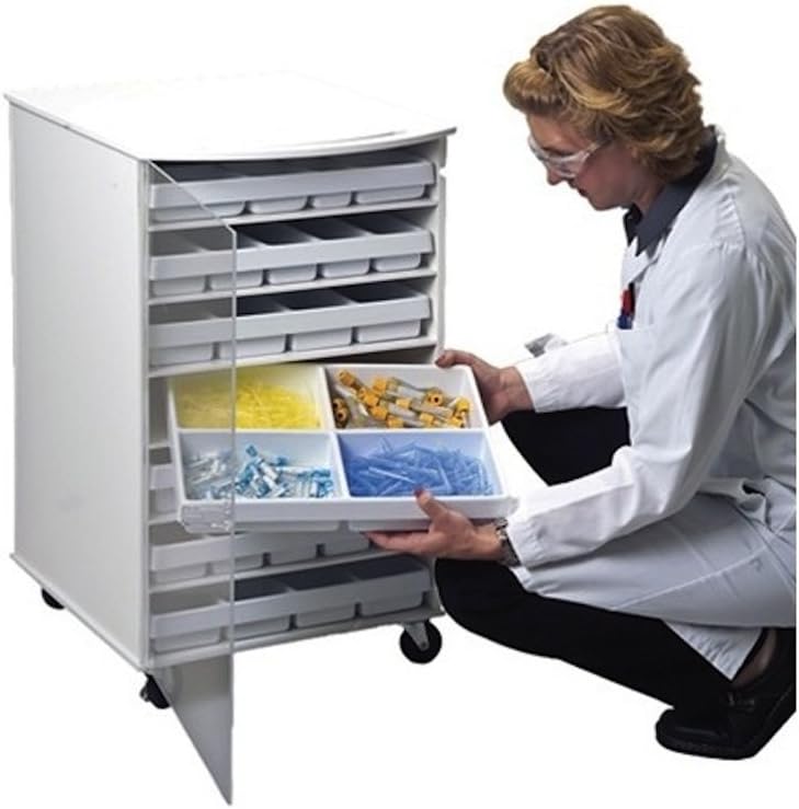 Alkali Scientific 50213CLEAR White ABS Small Drawer Organizer Cart with Clear Acrylic Door, 19-3/4" Width x 32" Height x 19" Depth, 7 Shelves