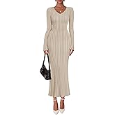 ZESICA Women's 2026 Spring Sweater Dress Long Sleeve V Neck Ribbed Knit Party Cocktail Bodycon Maxi Dresses