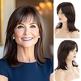 Dsimeig Layered Brown Wigs for Women Shoulder Length Straight Wig with Bangs Natural Synthetic Cosplay Replacement Hair Wig