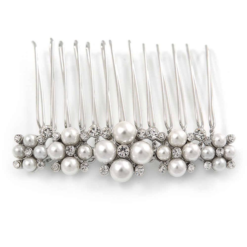 Bridal/Prom/Wedding/Party Rhodium Plated White Glass Pearl, Clear Austrian Crystal Floral Side Hair Comb - 60mm Width