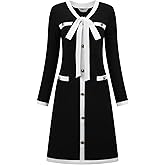 Hobemty Women's Elegant A-Line Dress Contrast Color V Neck Long Sleeve 2025 Trendy Work Dresses