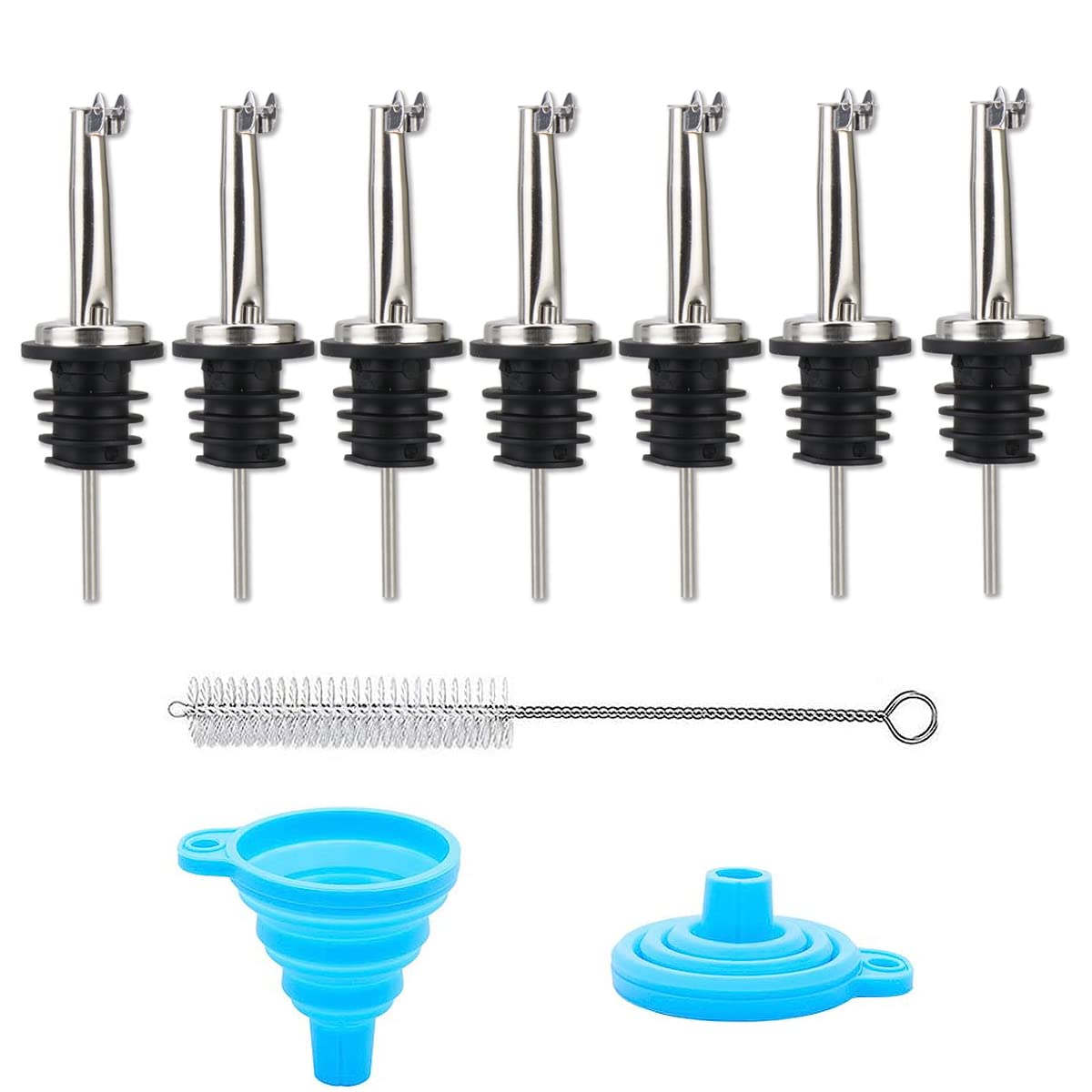 LEGERM 7 Pcs Bottle Pourers for Spirits, Speed Pourers with Funnel and Cleaning Brush, Tapered Spout Freeflow Liquor Spirits Pourer for Wine Spirits Alcohol Olive Oil Syrup Vinegar Bottles