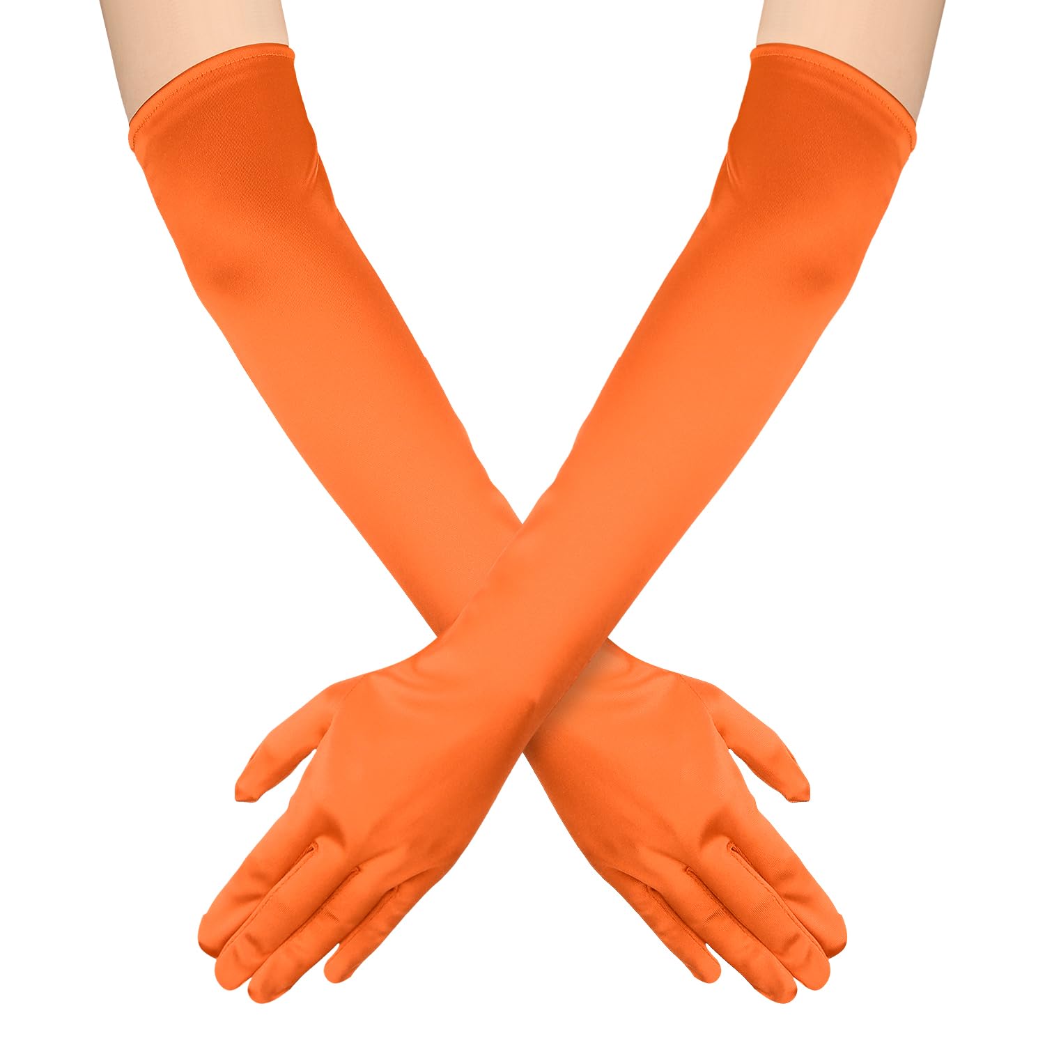 NQEUEPN Women's Orange Spandex Gloves, 21" Long, One Size Fits All, Perfect for Evening Party, Dance, Wedding, etc.