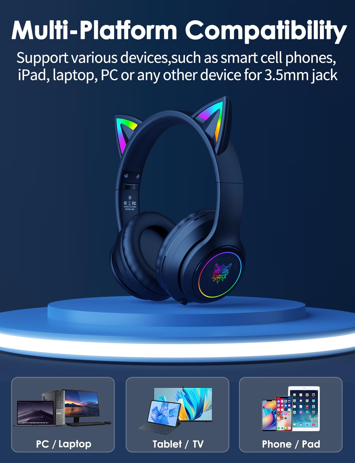 Cat Ear Bluetooth Headphones for Kids & Adults, 55H Play Time, Wireless Foldable & Wired Multi-Function LED Light Up Over Ear Headphones with Mic and Volume Control for iPhone/iPad/Laptop/PC