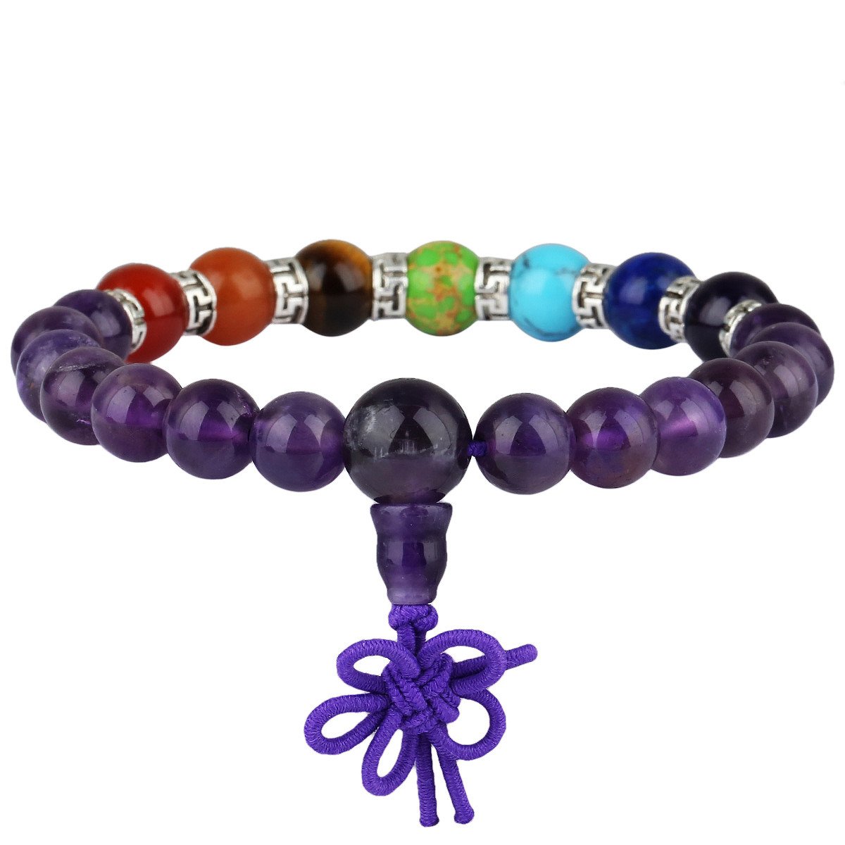 KYEYGWO Mala Prayer Beads Bracelet for Woman, 7 Chakras Crystal Stone Round Beads Stretch Bracelets,Amethyst