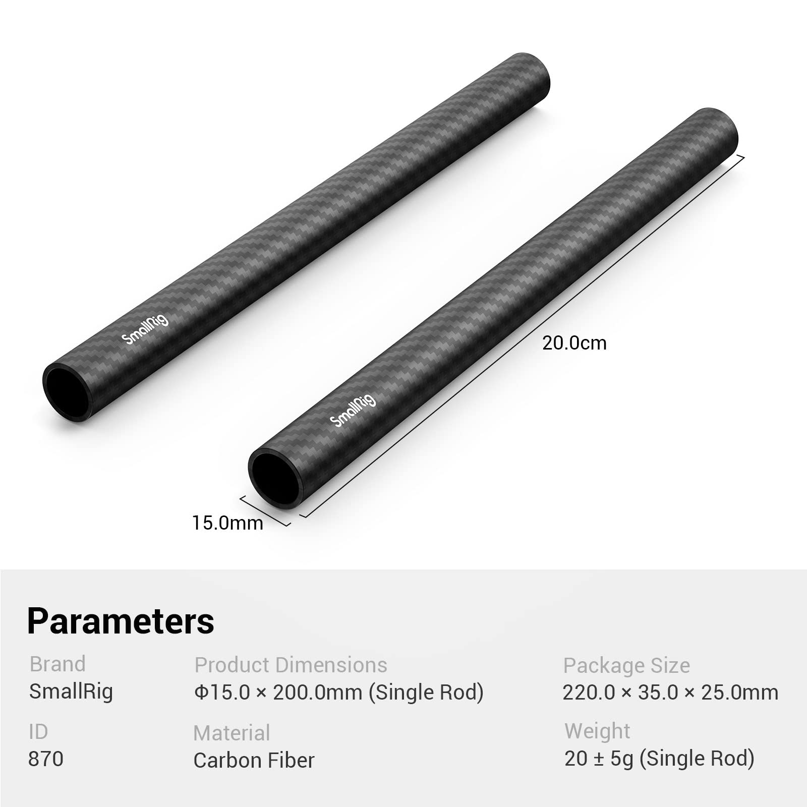 SMALLRIG 15mm Carbon Fiber Rod for 15mm Rod Support System (Non-Thread), 8 inches Long, Pack of 2